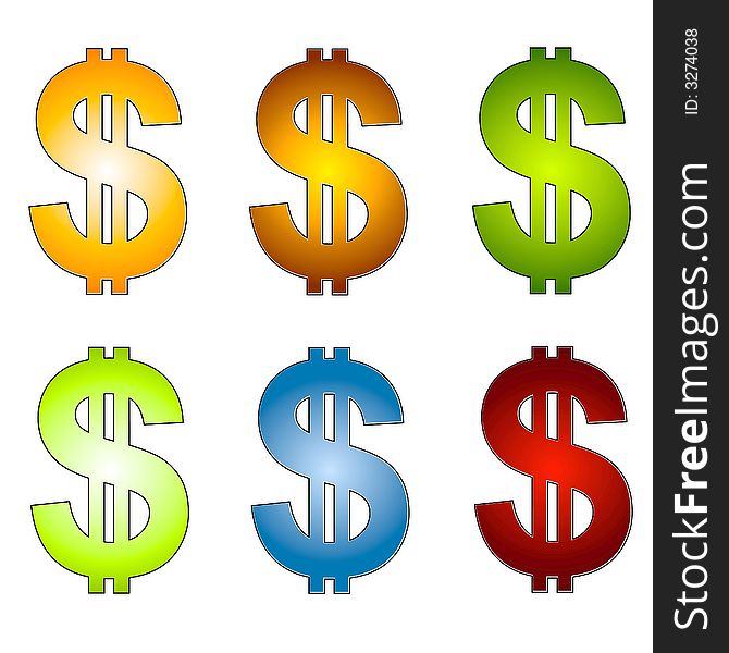 A clip art illustration of 6 different dollar signs in your choice of colors - light gold, dark gold, light green, dark green, blue and red. A clip art illustration of 6 different dollar signs in your choice of colors - light gold, dark gold, light green, dark green, blue and red