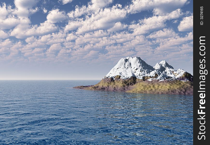 Snow peak mount on a blue sea - 3d scene.
