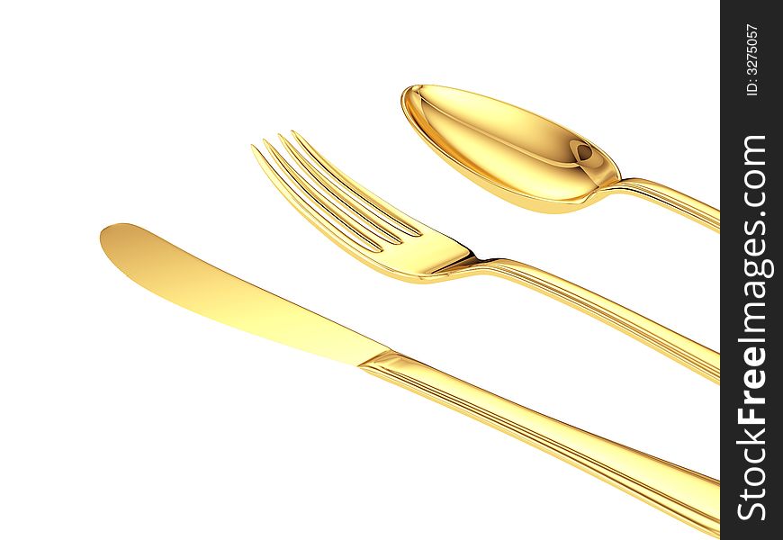 Gold knife, fork, spoon isolated close up view