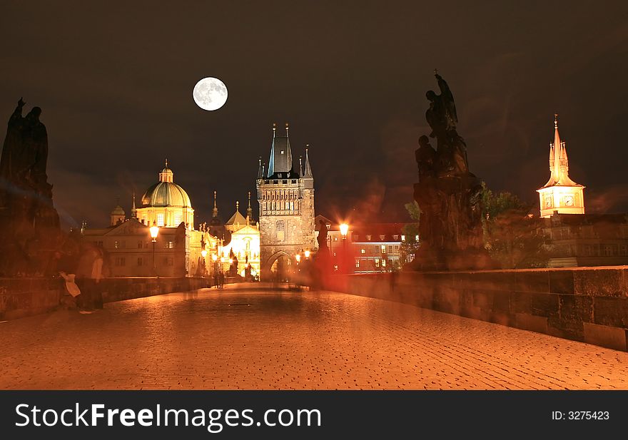 The night view of the beautiful Prague City along the River Vltava. The night view of the beautiful Prague City along the River Vltava