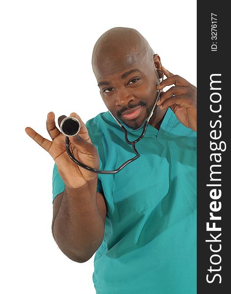 Friendly African American male nurse in scrubs with a stethoscope. Friendly African American male nurse in scrubs with a stethoscope