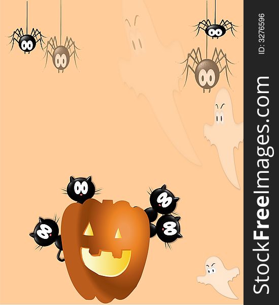 Scary cats hide from ghosts and spiders behind a pumpkin