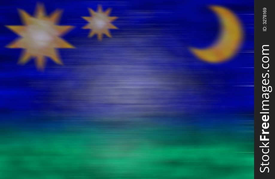 Blurred background in blue and green with blurred stars and moon