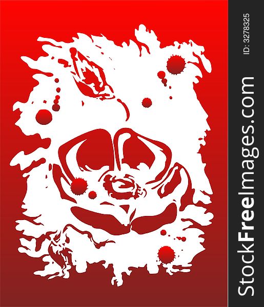 The white stylized silhouette of a rose on a red grunge background with spots. The white stylized silhouette of a rose on a red grunge background with spots.