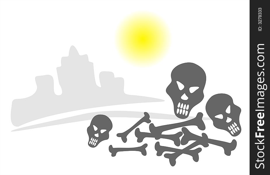 Three skulls and the bones heaped outside city. Three skulls and the bones heaped outside city.