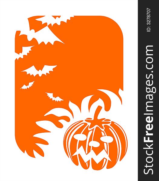 The orange stylized pumpkin and silhouettes of bats. The orange stylized pumpkin and silhouettes of bats.