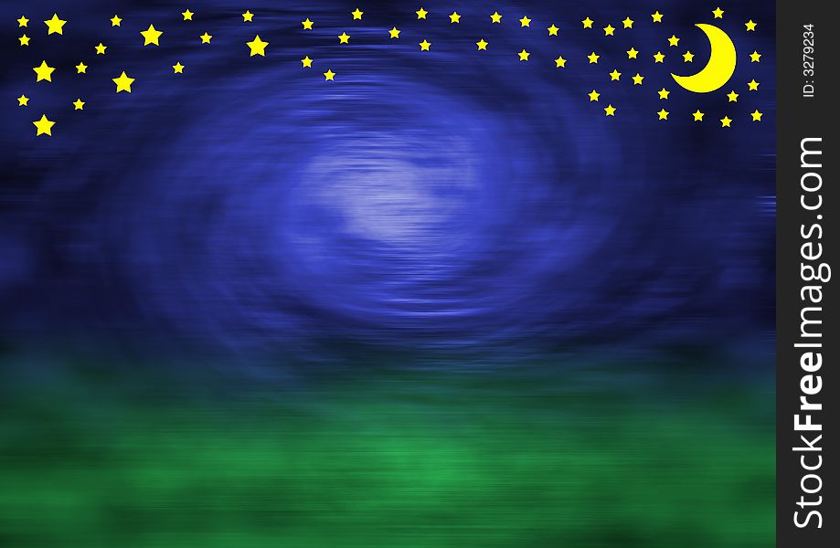 Darkblue blurred sky with green bottom and stars and moon in the top. Darkblue blurred sky with green bottom and stars and moon in the top