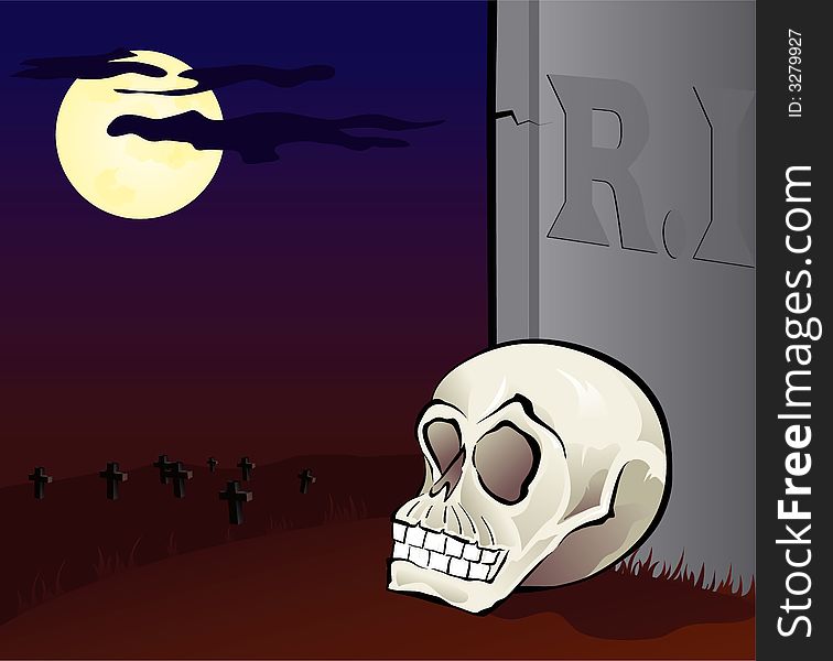 Illustration of a skull in  a graveyard. Illustration of a skull in  a graveyard