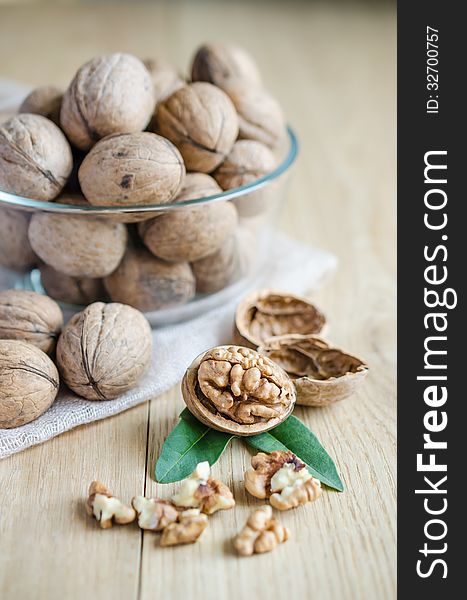 Close up of walnuts on the wooden table