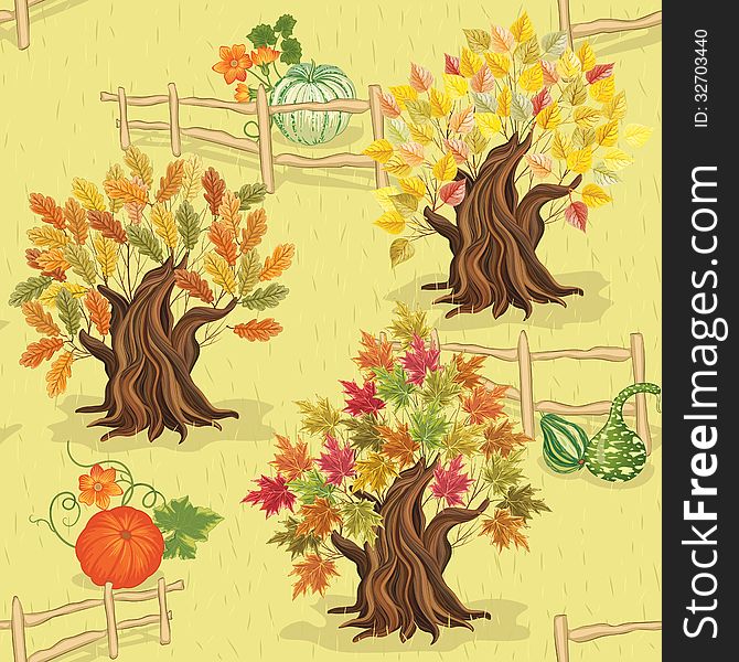 Vector seamless autumn pattern with trees and pumpkins. Vector seamless autumn pattern with trees and pumpkins