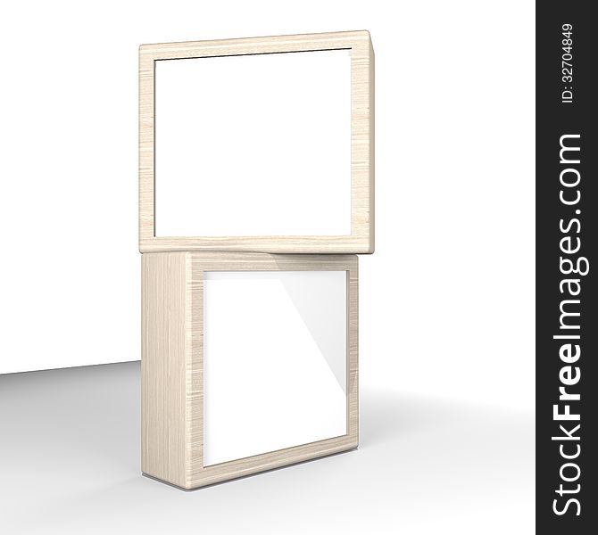 Two blank box display new design wood frame template for design work,isolate on white background.