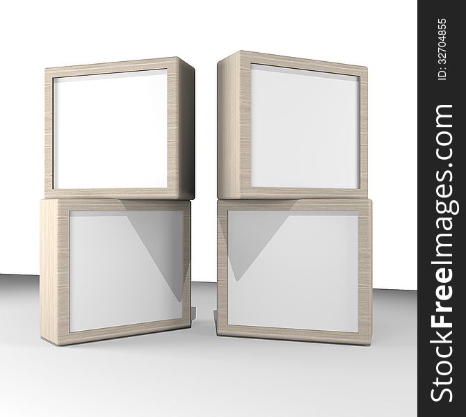Four blank box display new design wood frame template for design work,isolate on white background.