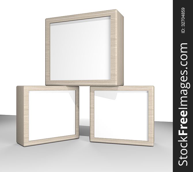 Three blank box display new design wood frame template for design work,isolate on white background.