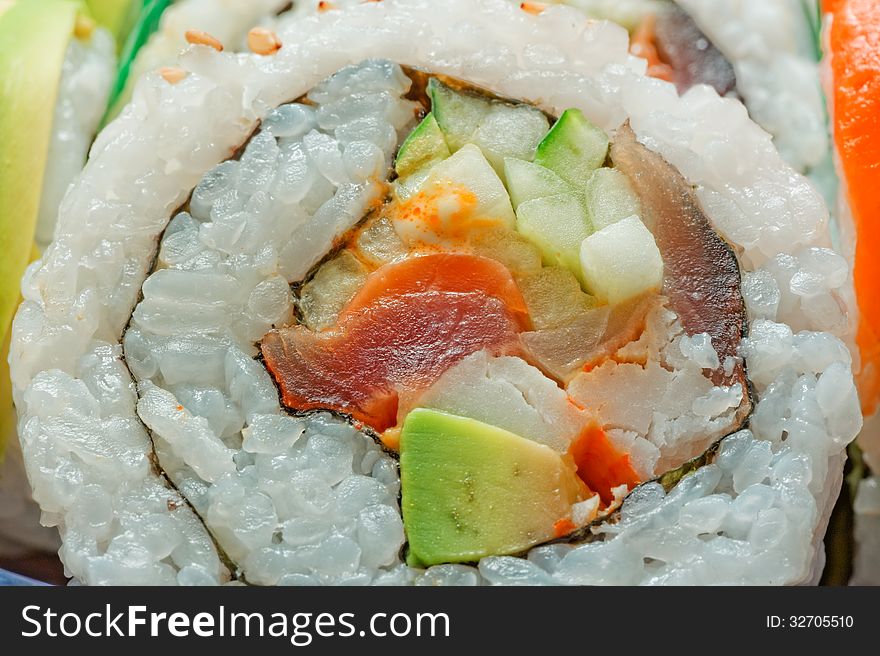 Close up of fresh, colorful sushi