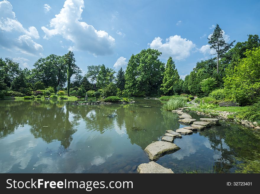 Pond In Japanese Garden In Wroclaw