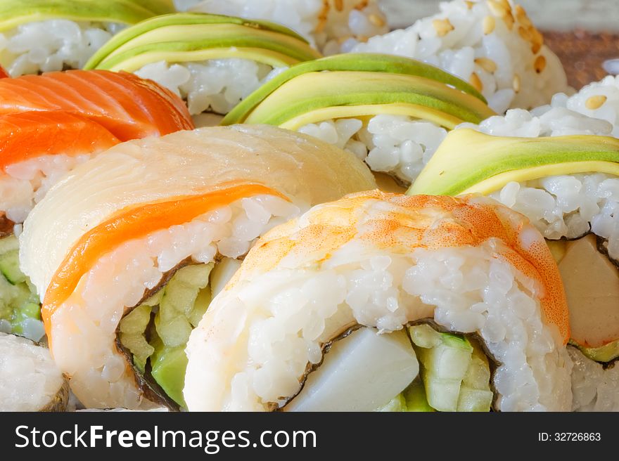 Closed up of mixed fresh sushi