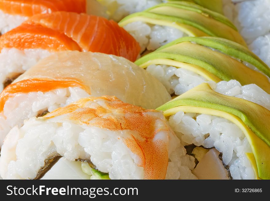 Closed up of mixed fresh sushi