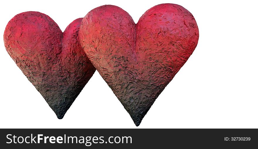 Two sculpted hearts on a white background. Two sculpted hearts on a white background