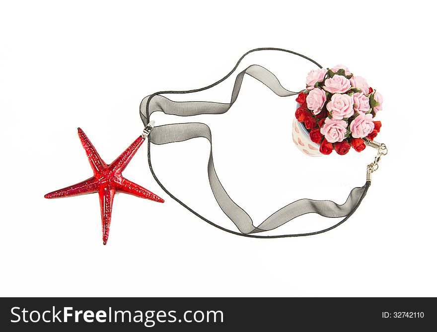 Red Crystal Star Fish Necklace With Bush Of Roses