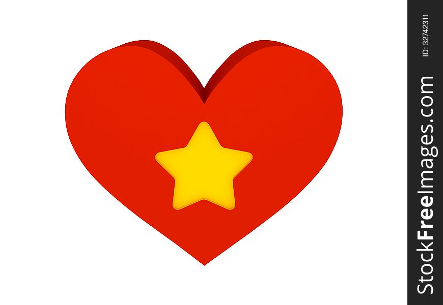 Big red heart with star symbol. Concept 3D illustration.