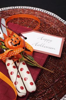 Happy Halloween Table Place Setting With Red Polka Dot Cutlery. Close Up. Royalty Free Stock Images Happy Halloween Table Place Setting With Red Polka Dot Cutlery. Close Up. Royalty Free Stock Images