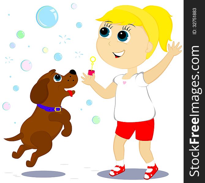 The little girl runs the bubbles, but the dog catches them. The little girl runs the bubbles, but the dog catches them