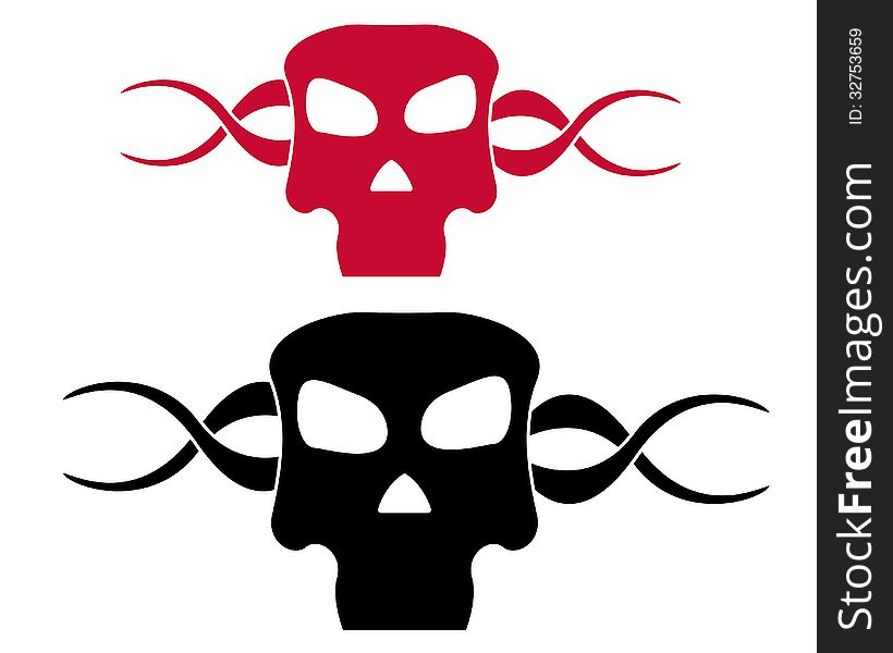 Black and red skull symbol on white background.