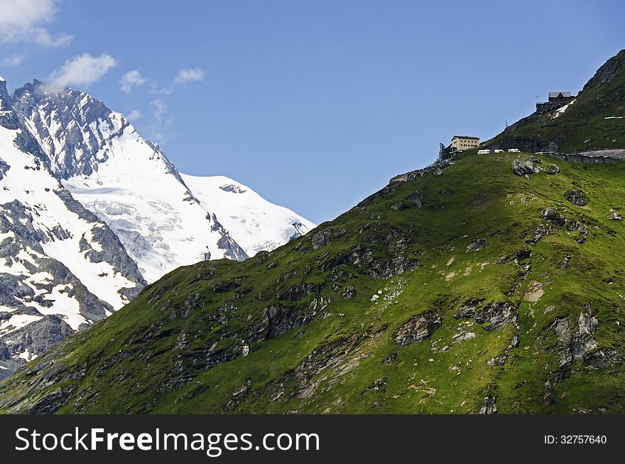 Pretty austrian building with amazing view of maintains