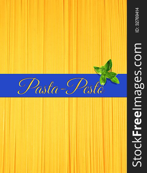 Abstract view of bunch of Italian spaghetti making a background with ribbon for text on top