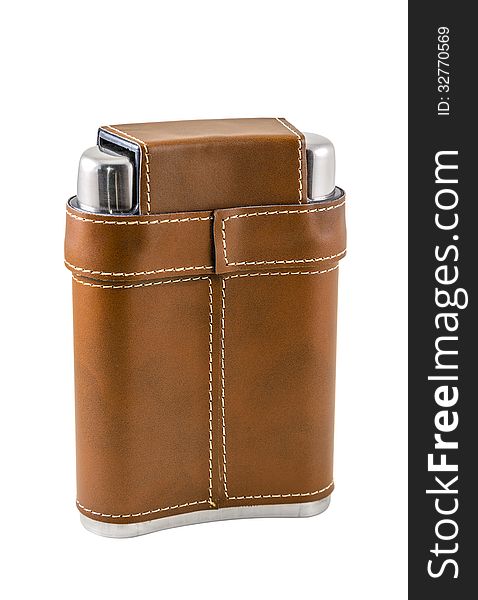 The brown flask is photographed on the white background