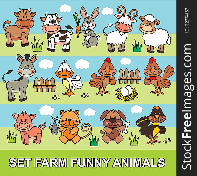 Editable and scalable set vectoe funny cartoon farm animals. Editable and scalable set vectoe funny cartoon farm animals