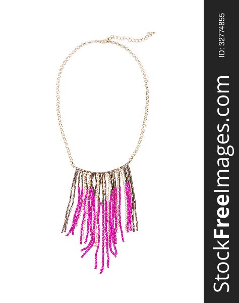 Necklace with pink and gold beads isolated on white. Necklace with pink and gold beads isolated on white.