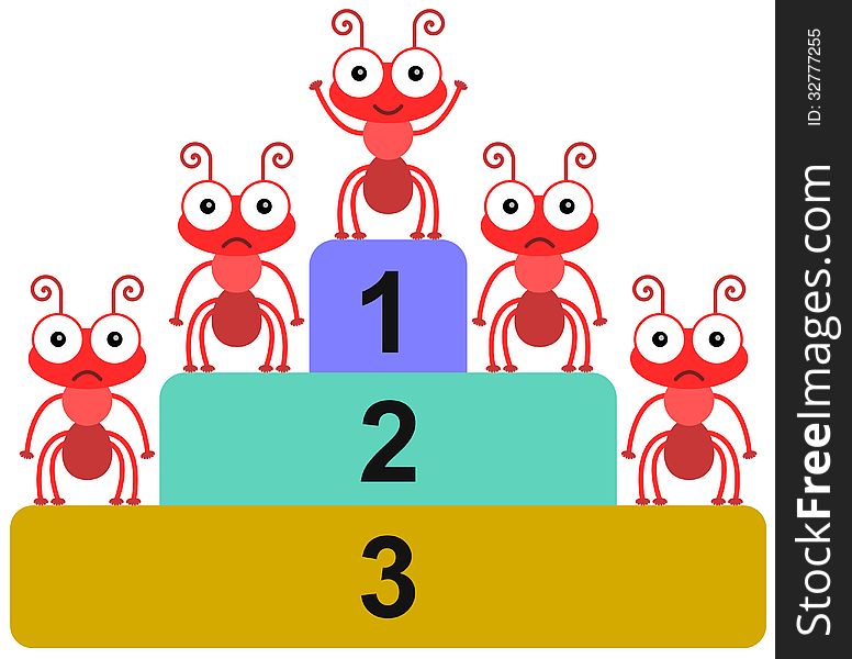 A conceptual illustration of success with five ants on a platform. A conceptual illustration of success with five ants on a platform