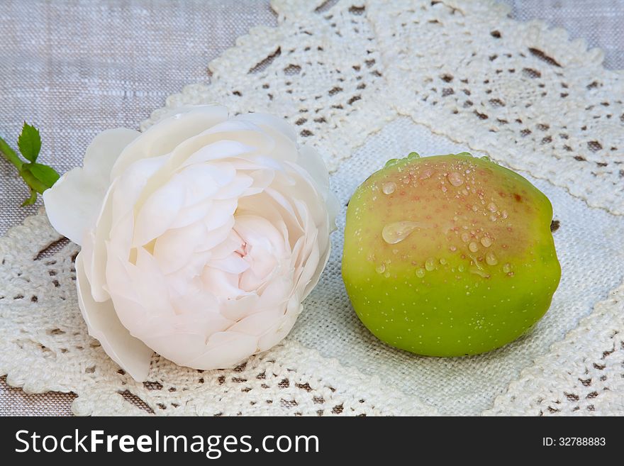 Rose and quince fruit covered with morning dew. Rose and quince fruit covered with morning dew