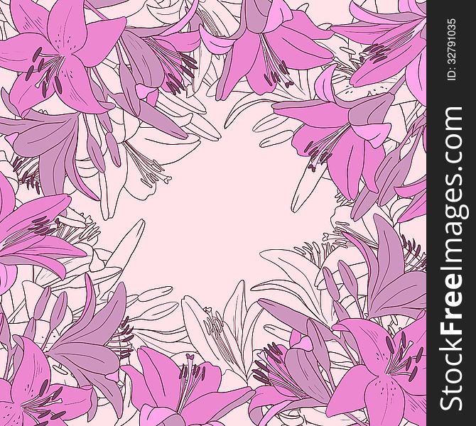 Floral frame with lily flowers, vector illustration