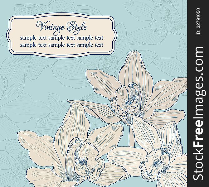 Vintage card with orchids, vector illustration