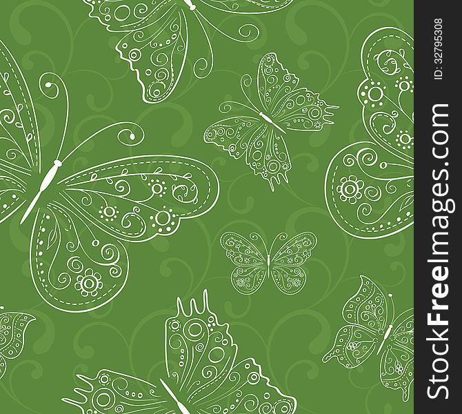 Hand drawing green seamless abstract butterflies o