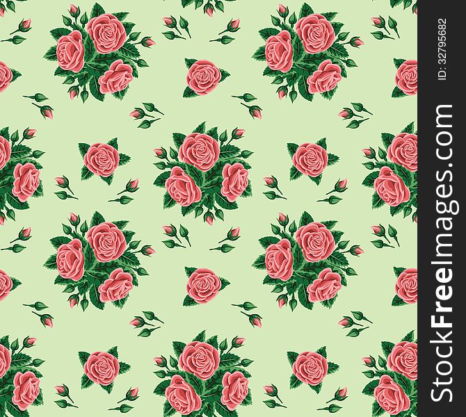 Red roses bouquet on seamless green background