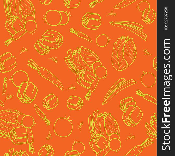 Seamless pattern illustration background for your kitchen with vegetables: pepper, tomato, dill, cabbage, onions, carrots on orange. Seamless pattern illustration background for your kitchen with vegetables: pepper, tomato, dill, cabbage, onions, carrots on orange