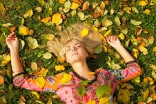 Blond Girl Lying On The Leaves Royalty Free Stock Image Blond Girl Lying On The Leaves Royalty Free Stock Image