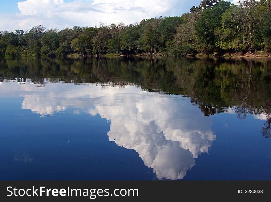 Cloud and tree reflections on the Suwannee River in Florida. Cloud and tree reflections on the Suwannee River in Florida.