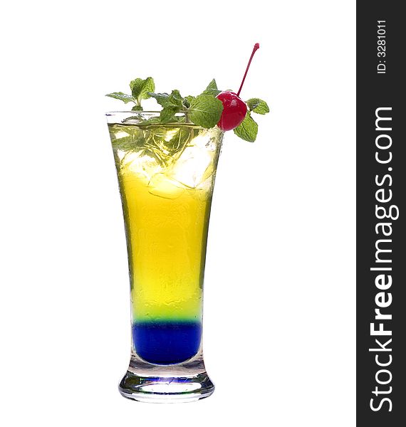 Colorful alcoholic cocktail in a tall glass against white background. Colorful alcoholic cocktail in a tall glass against white background