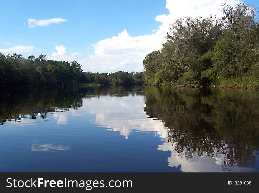 Beautiful cloud and tree reflections on the Suwannee River in Florida. Beautiful cloud and tree reflections on the Suwannee River in Florida.