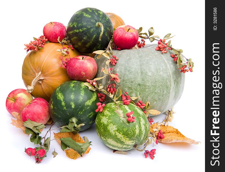 Colorful pumpkins, apples, water melons on white background. Colorful pumpkins, apples, water melons on white background