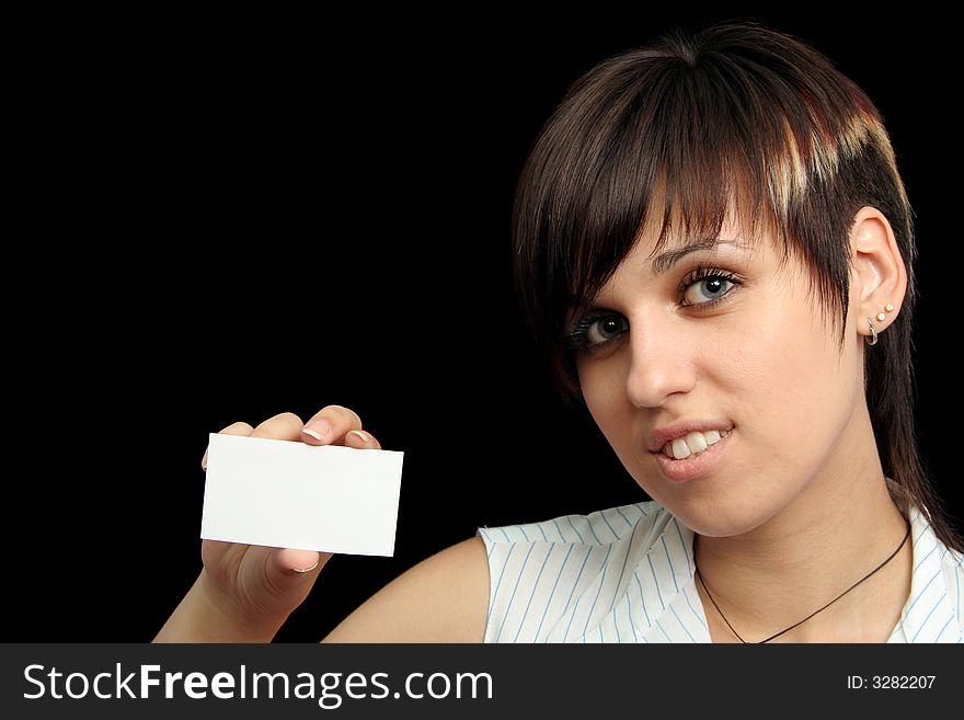 Girl with notecard, isolated on black