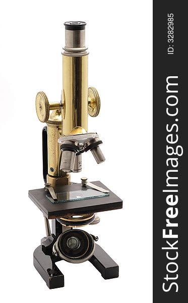 The old microscope from personal collection without trademark.