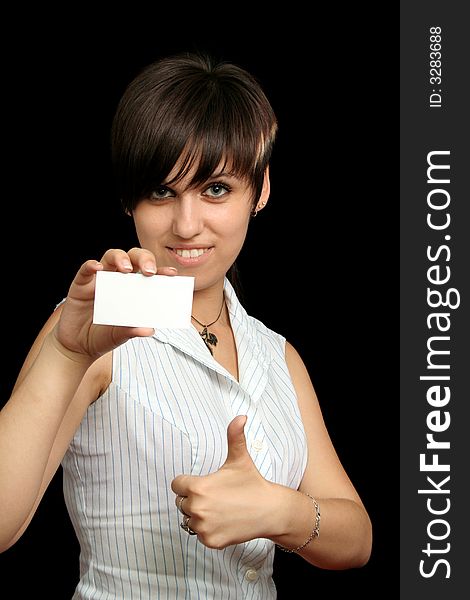 Girl with paper for text, isolated on black