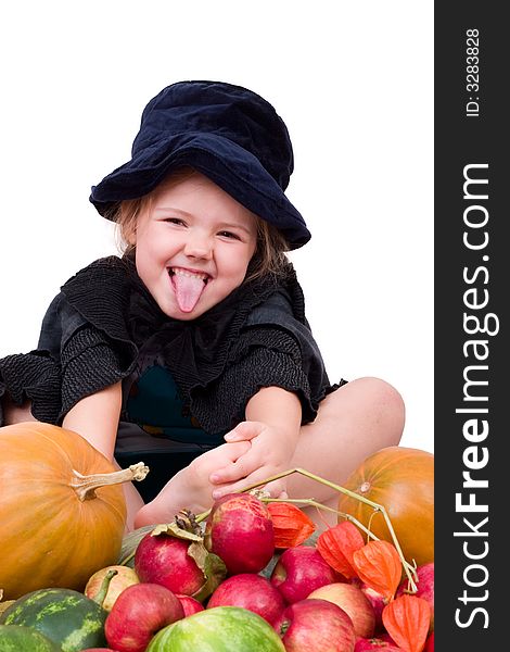 Little antic girl in the witch costume with halloween pumpkin. Little antic girl in the witch costume with halloween pumpkin