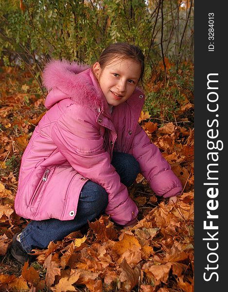 The young girl playing with red and yellow autumn leafs in the park. The young girl playing with red and yellow autumn leafs in the park