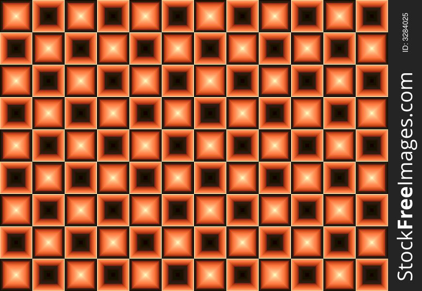 Orange and Black Background.  Orange and black squares half with black centers and half with bright light effect in center.